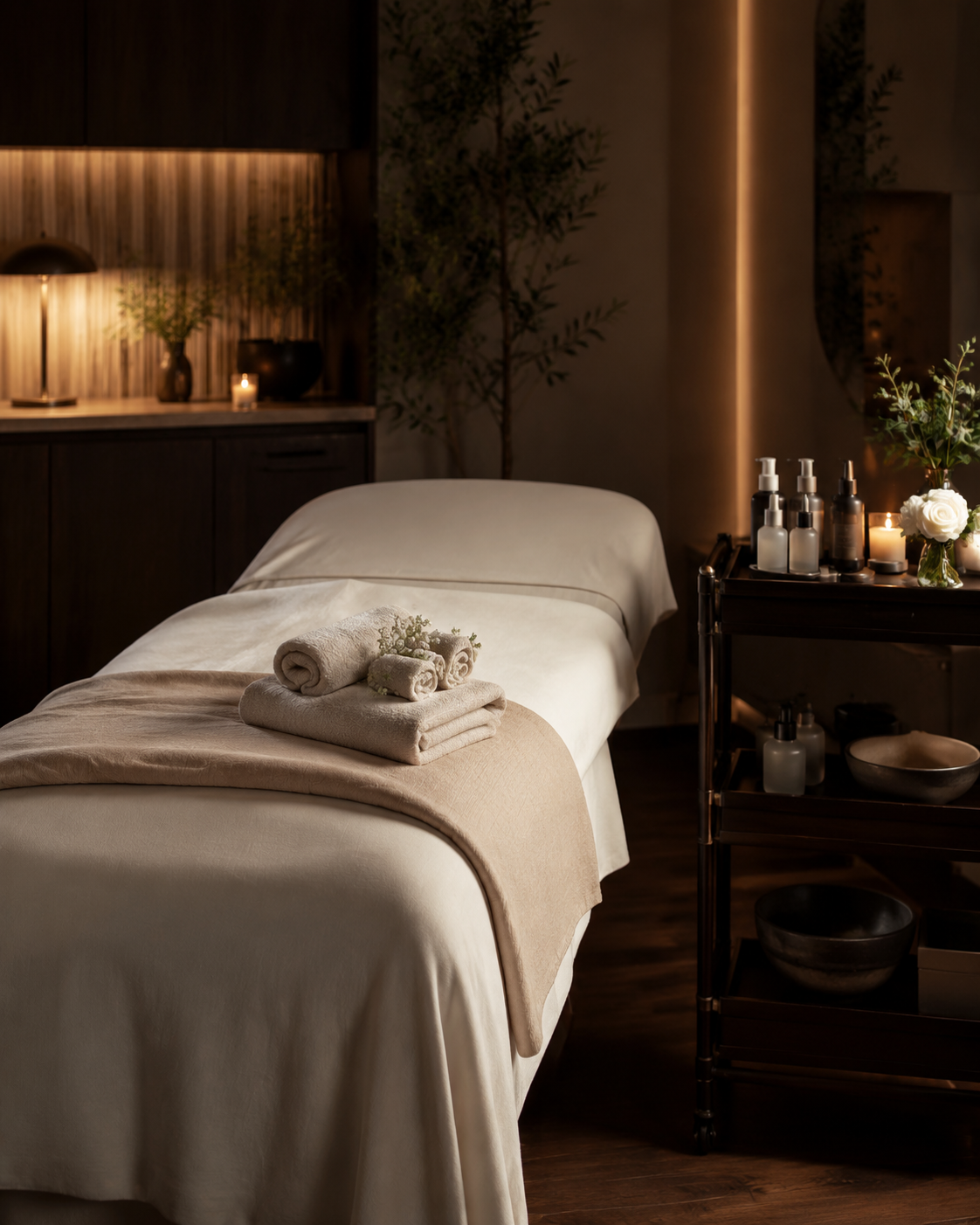 An elegant mobile facial treatment setup prepared inside a private home